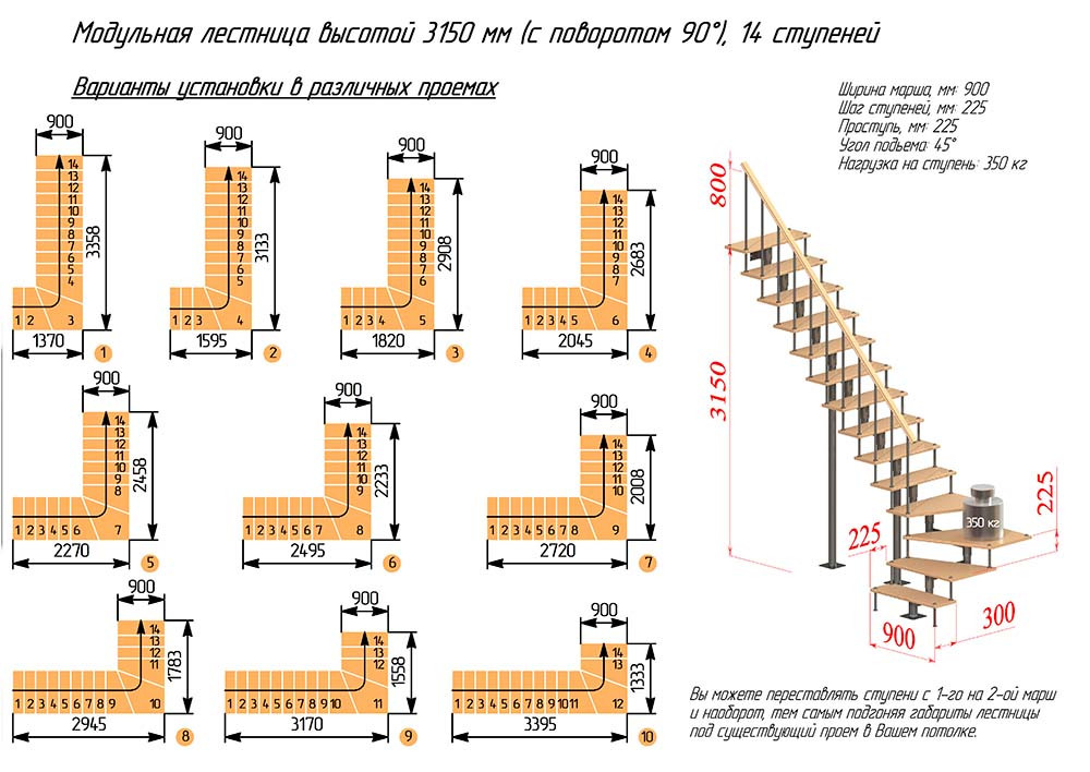 Модульная лестница высота 3150 мм (с поворотом 90°) высота ступени 225 мм Модульная лестница высота 3150 мм (с поворотом 90°) высота ступени 225 мм