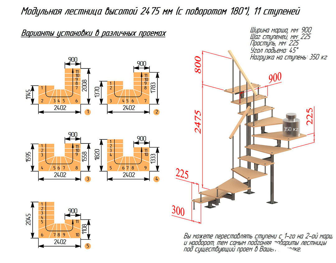 Модульная лестница высота 2475 мм (с поворотом 180°) высота ступени 225 мм Модульная лестница высота 2475 мм (с поворотом 180°) высота ступени 225 мм